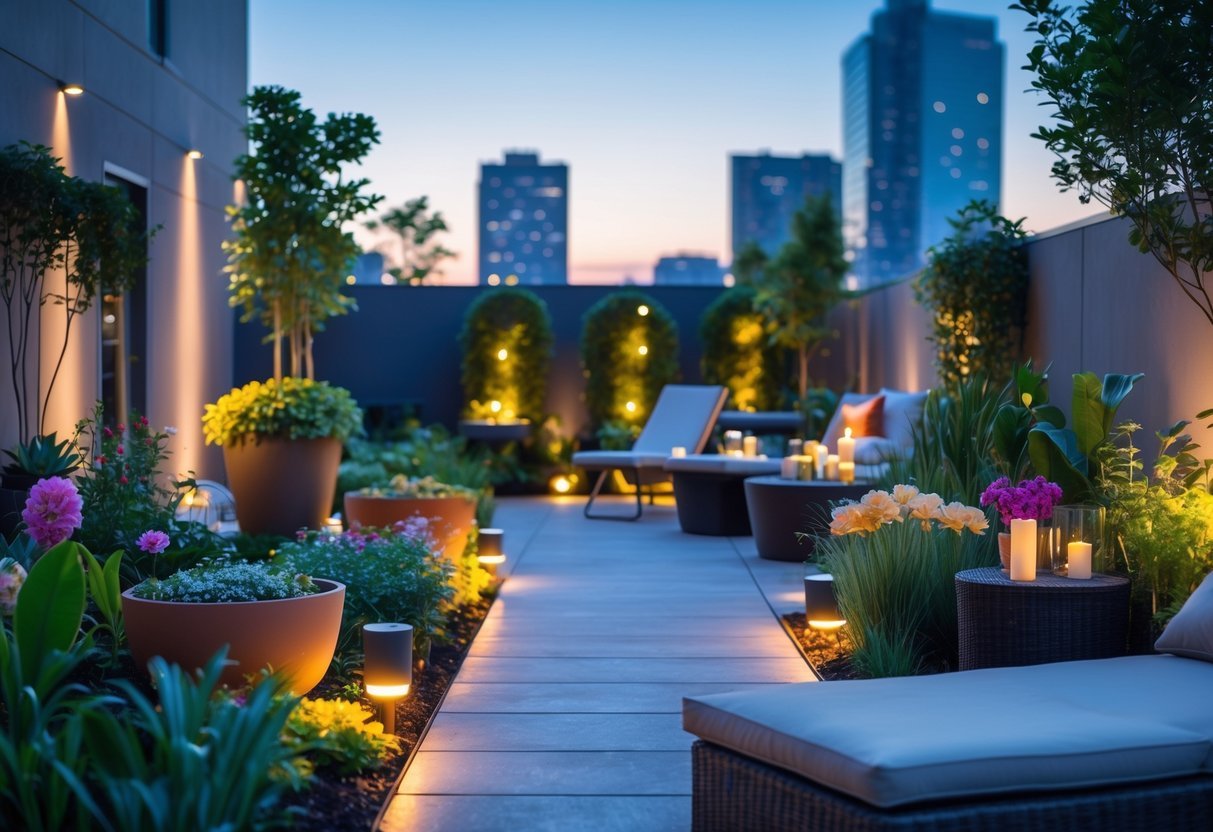 21+ Apartment Patio Garden Ideas: Easy Tips for Small Space Urban Dwellers in the US 9 Apartment patio garden at dusk with plants and LED lights creating a warm, inviting atmosphere.