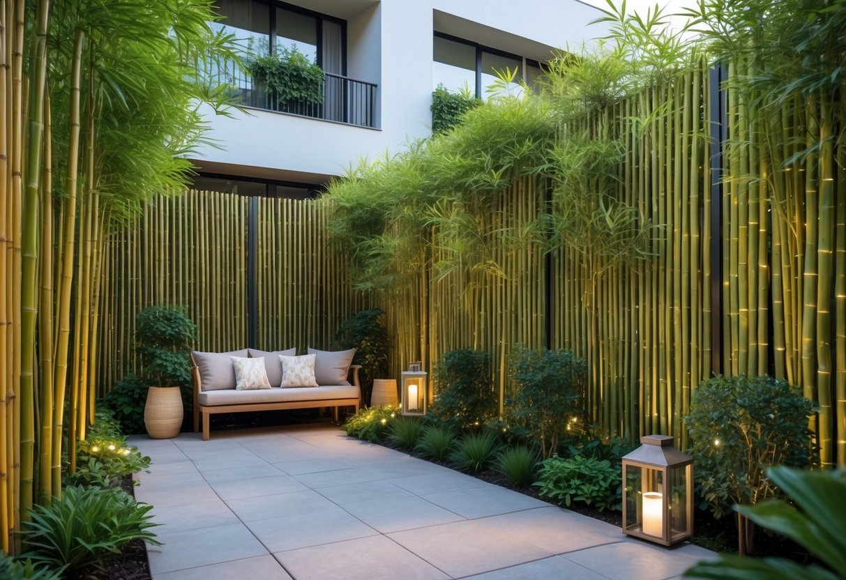 21+ Apartment Patio Garden Ideas: Easy Tips for Small Space Urban Dwellers in the US 10 Apartment patio garden with bamboo privacy screens, outdoor furniture, and green plants creating a private and relaxing space.