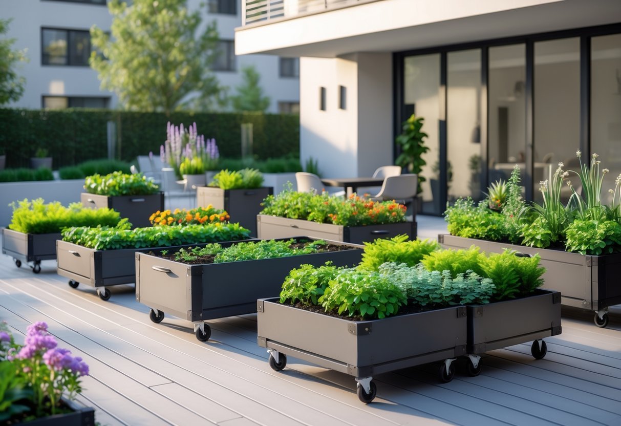 21+ Apartment Patio Garden Ideas: Easy Tips for Small Space Urban Dwellers in the US 11 Apartment patio with several portable garden islands filled with green plants and flowers, outdoor furniture, and wooden decking.