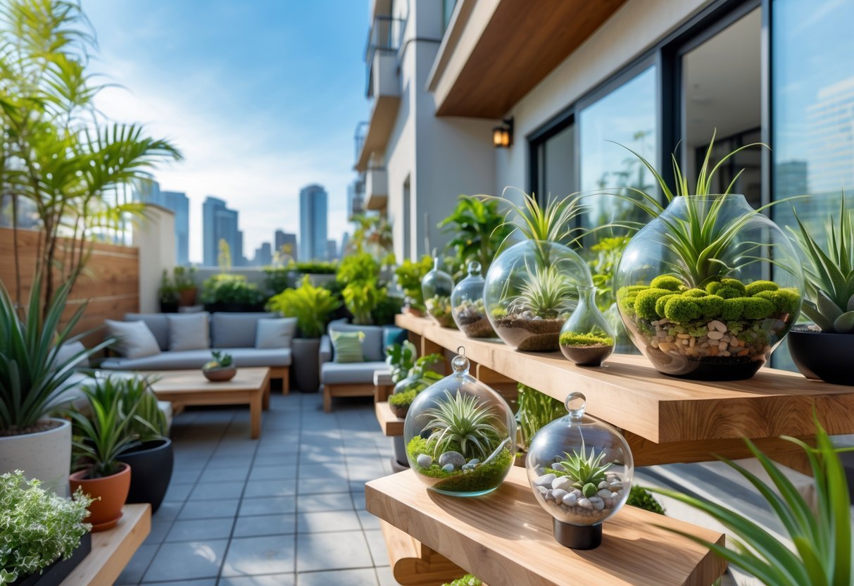 21+ Apartment Patio Garden Ideas: Easy Tips for Small Space Urban Dwellers in the US 12 Apartment patio garden with various terrariums containing green plants arranged on shelves and tables surrounded by outdoor furniture and potted plants.
