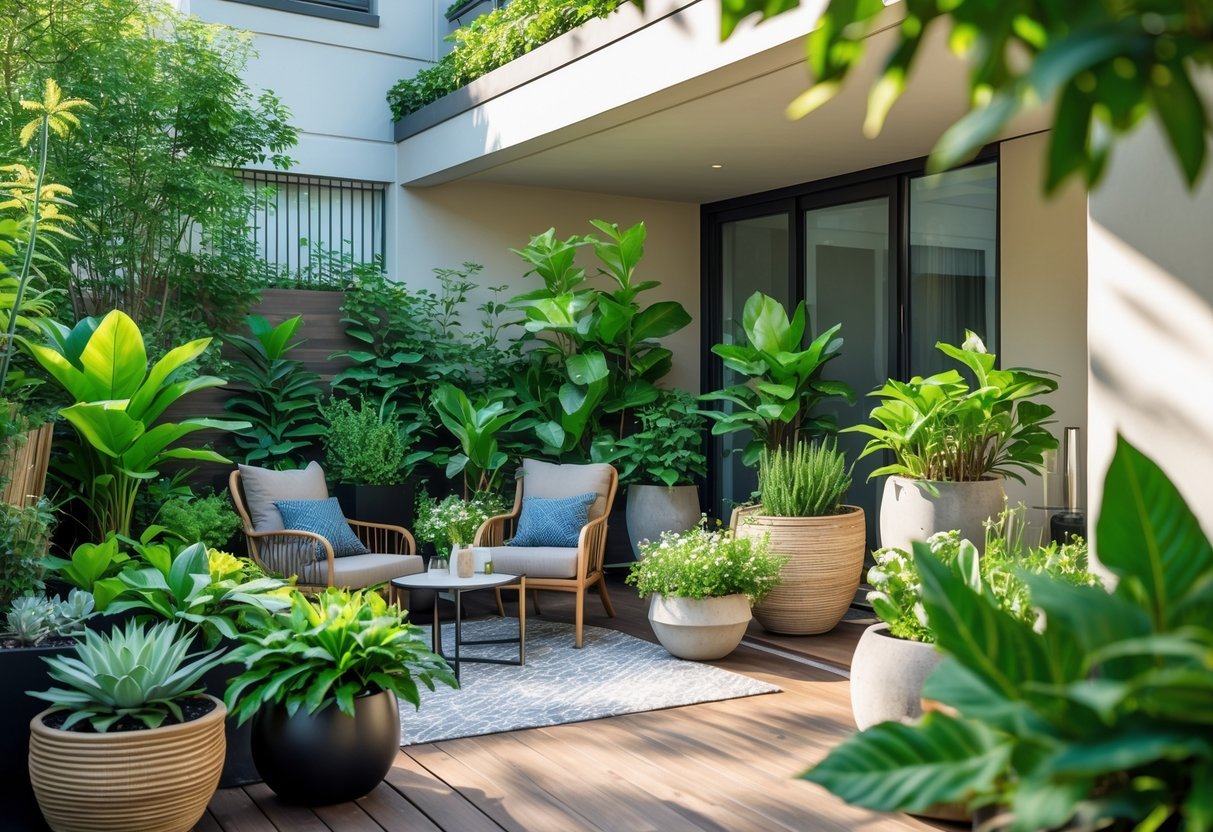 21+ Apartment Patio Garden Ideas: Easy Tips for Small Space Urban Dwellers in the US 13 Apartment patio with outdoor seating surrounded by various potted plants on a wooden deck.