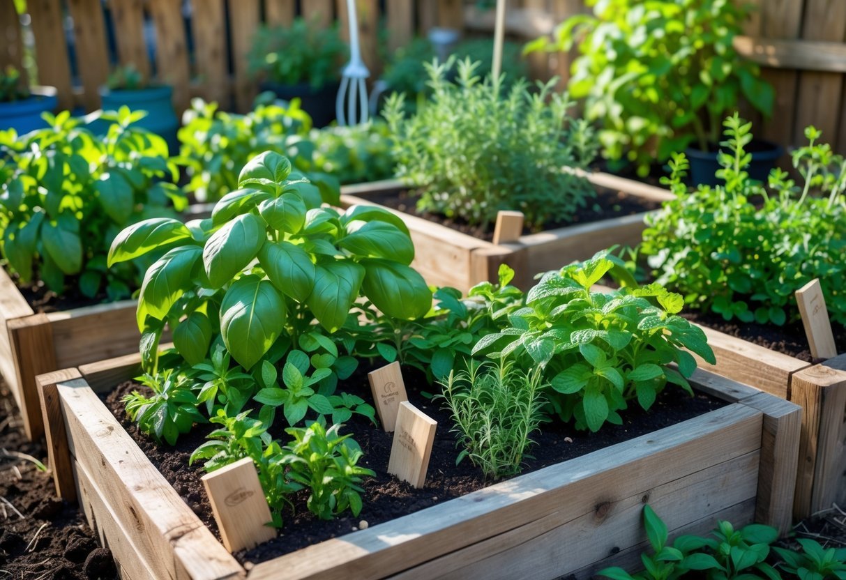 19+ Garden Ideas for Growing Your Own Spices: Easy Ways to Boost Your US Kitchen Garden 2 A home garden with raised wooden beds growing various fresh spice plants like basil, rosemary, thyme, mint, and cilantro under natural sunlight.
