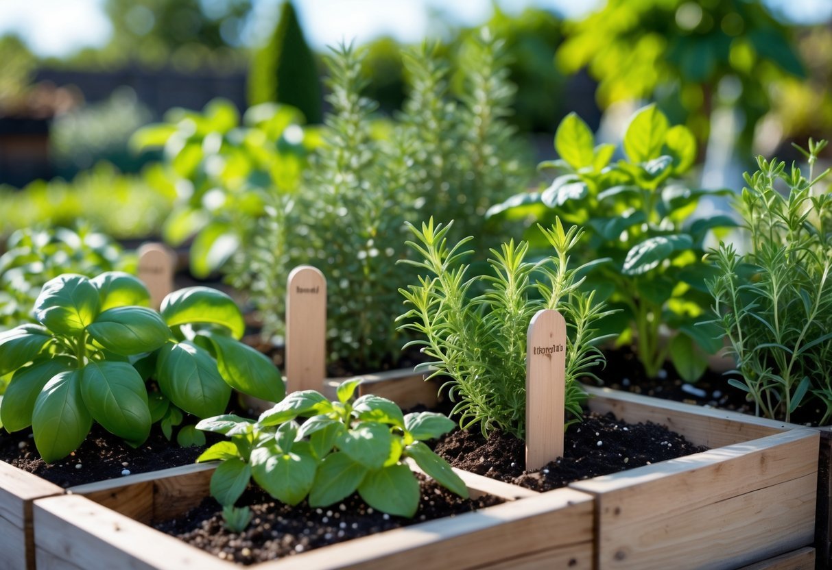 19+ Garden Ideas for Growing Your Own Spices: Easy Ways to Boost Your US Kitchen Garden 3 Raised wooden garden beds filled with various fresh spice plants growing outdoors in a sunny garden.