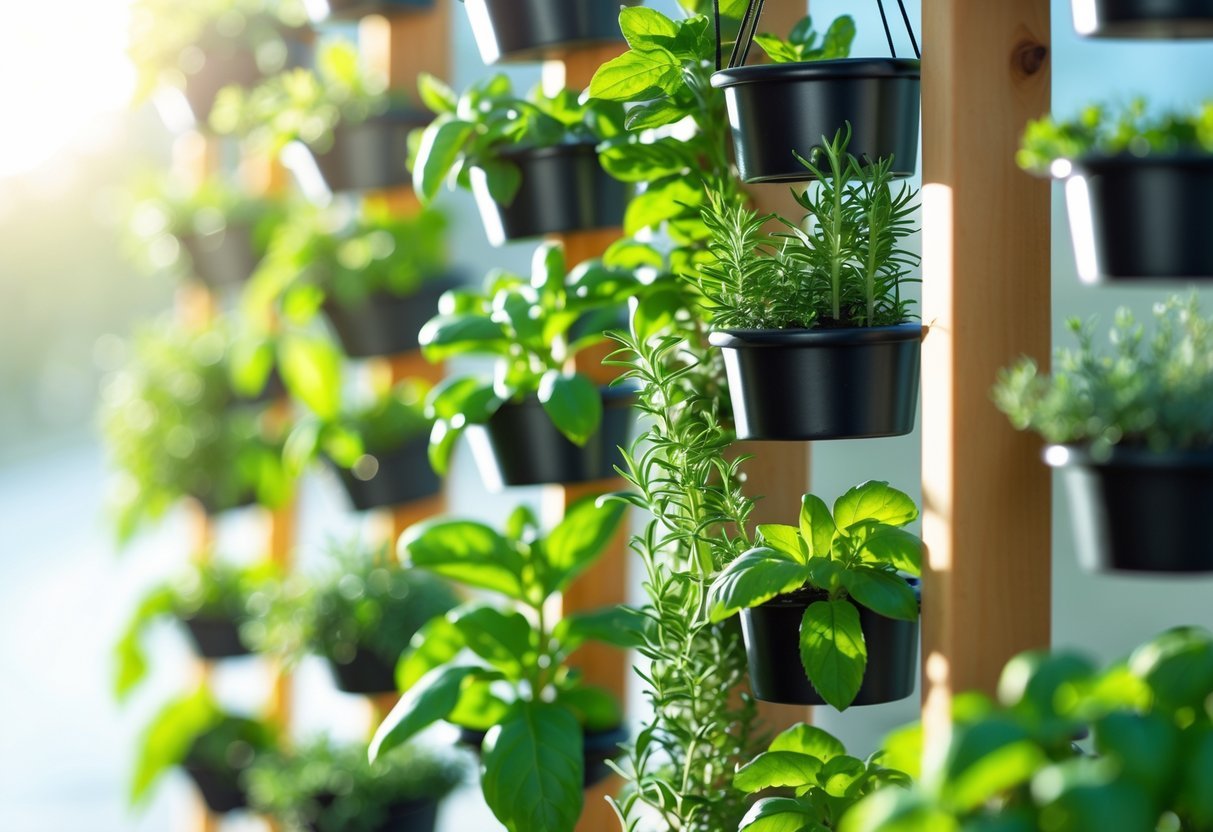 19+ Garden Ideas for Growing Your Own Spices: Easy Ways to Boost Your US Kitchen Garden 4 Vertical hanging spice planters with fresh green herbs growing in multiple pots arranged in tiers.