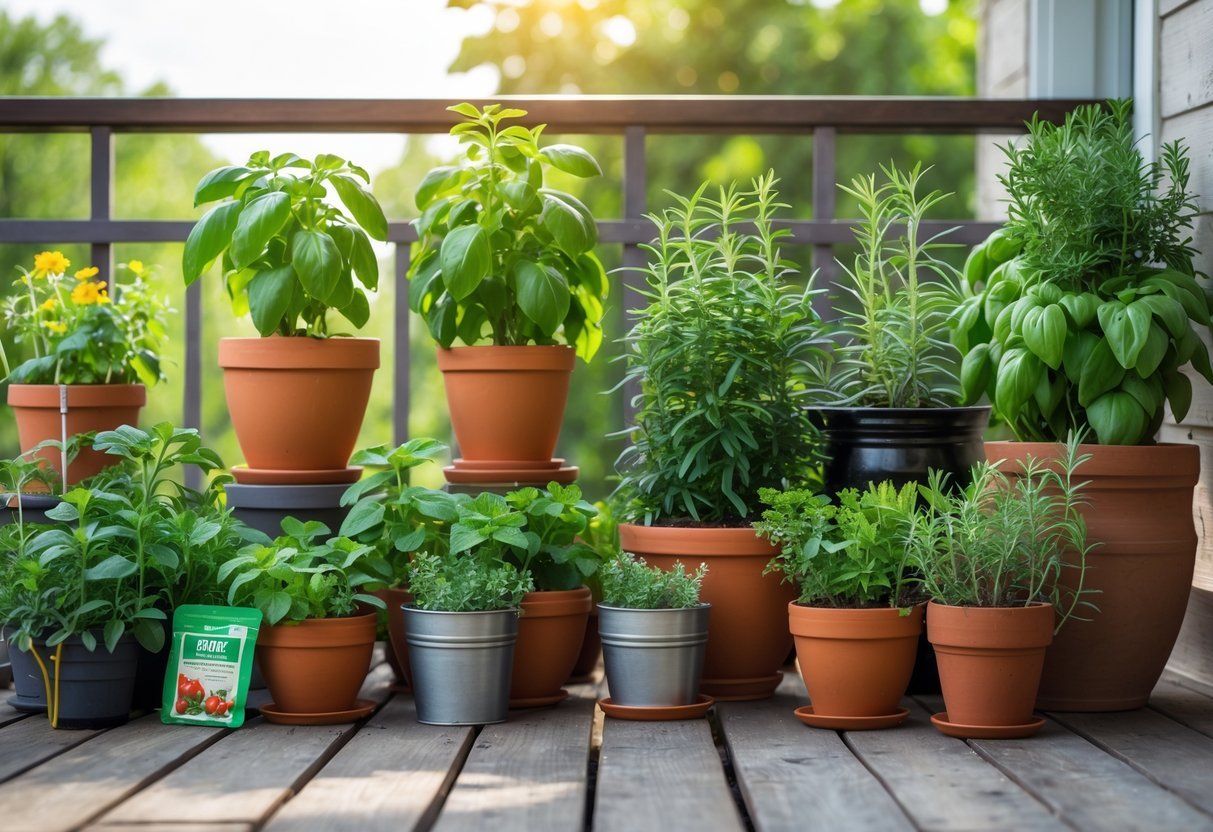 19+ Garden Ideas for Growing Your Own Spices: Easy Ways to Boost Your US Kitchen Garden 6 A collection of various pots with thriving spice plants like basil, rosemary, thyme, and mint arranged on a wooden patio in natural sunlight.