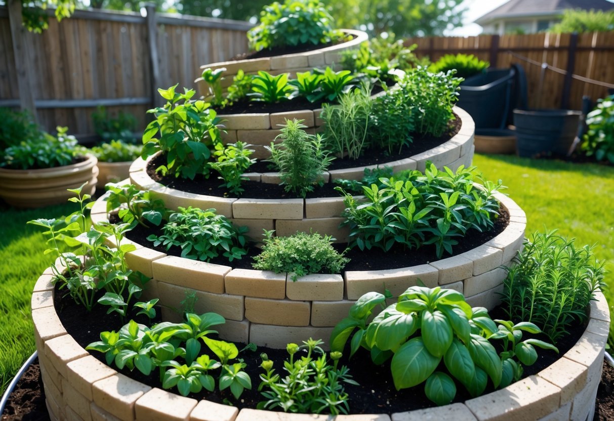 19+ Garden Ideas for Growing Your Own Spices: Easy Ways to Boost Your US Kitchen Garden 7 A spiral garden bed filled with various fresh spice plants growing outdoors in a backyard.