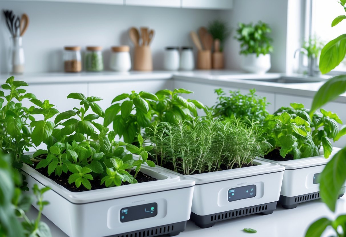 19+ Garden Ideas for Growing Your Own Spices: Easy Ways to Boost Your US Kitchen Garden 8 Indoor hydroponic garden with various green spice plants growing under LED lights on a kitchen counter.