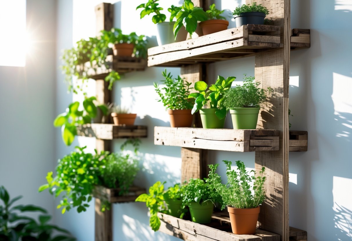 19+ Garden Ideas for Growing Your Own Spices: Easy Ways to Boost Your US Kitchen Garden 9 A wooden pallet mounted on a wall holding small pots of fresh green herbs growing as a vertical spice garden.