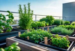 A rooftop garden with various green spice plants growing in pots and raised beds under a clear sky.