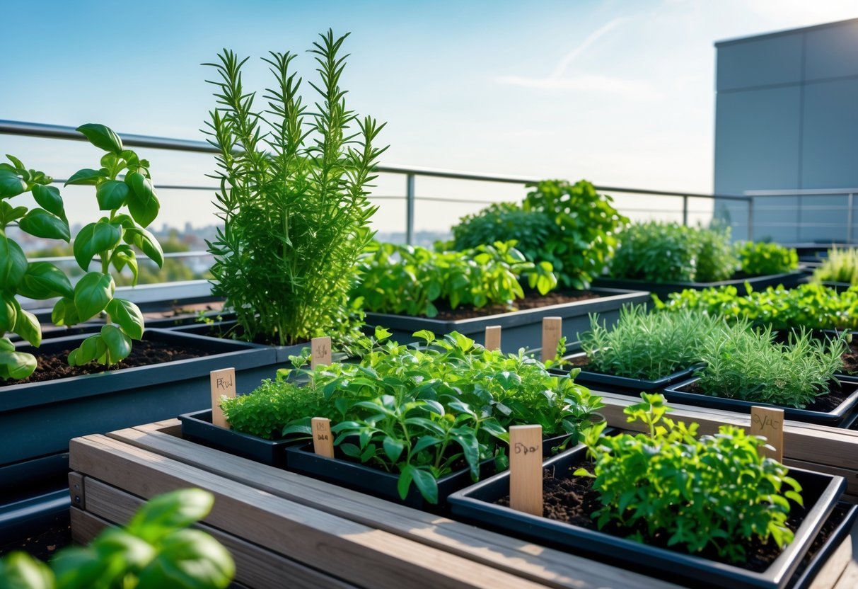 A rooftop garden with various green spice plants growing in pots and raised beds under a clear sky.