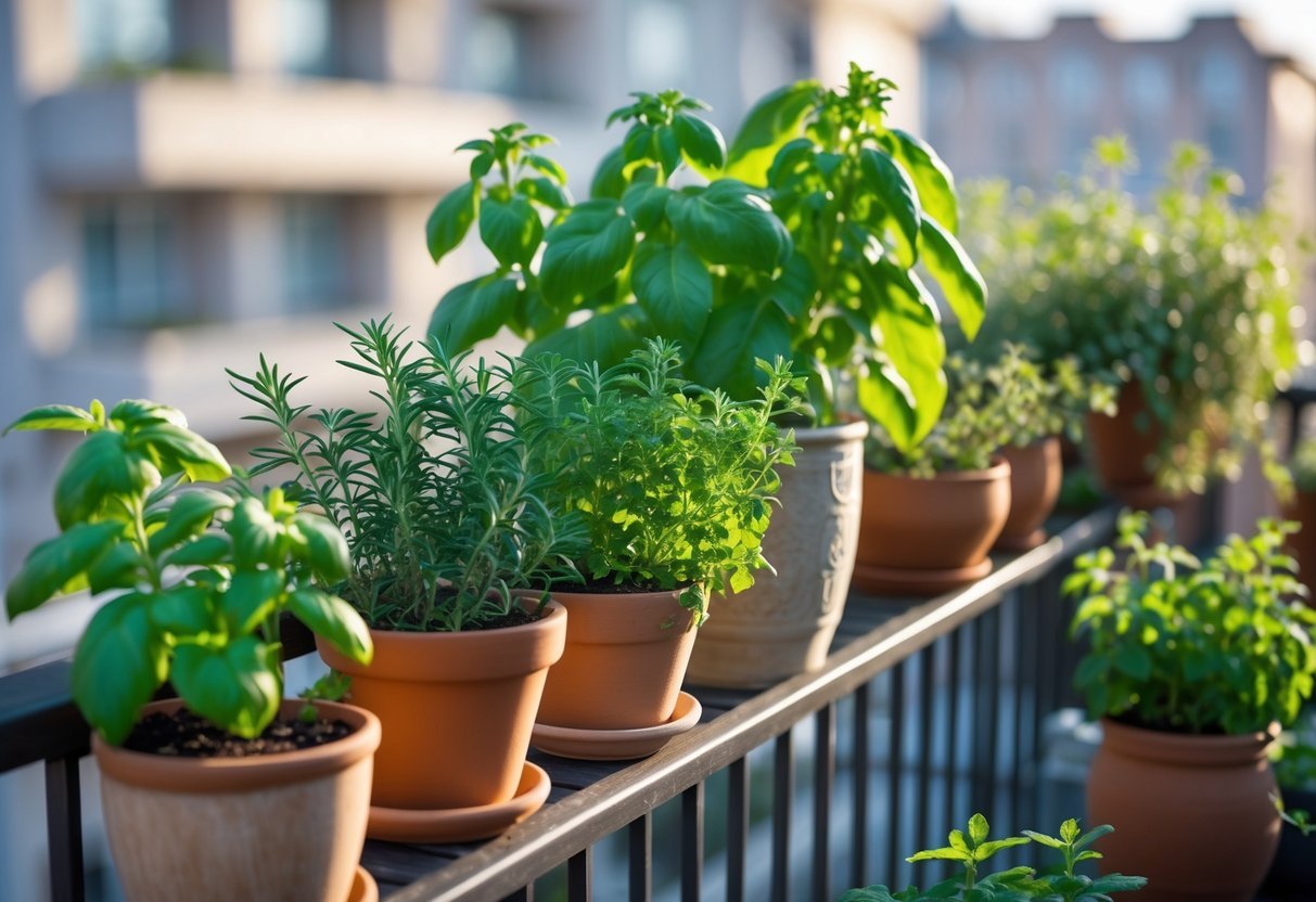 19+ Garden Ideas for Growing Your Own Spices: Easy Ways to Boost Your US Kitchen Garden 12 Balcony railing with several small pots of fresh green spice plants growing in them.