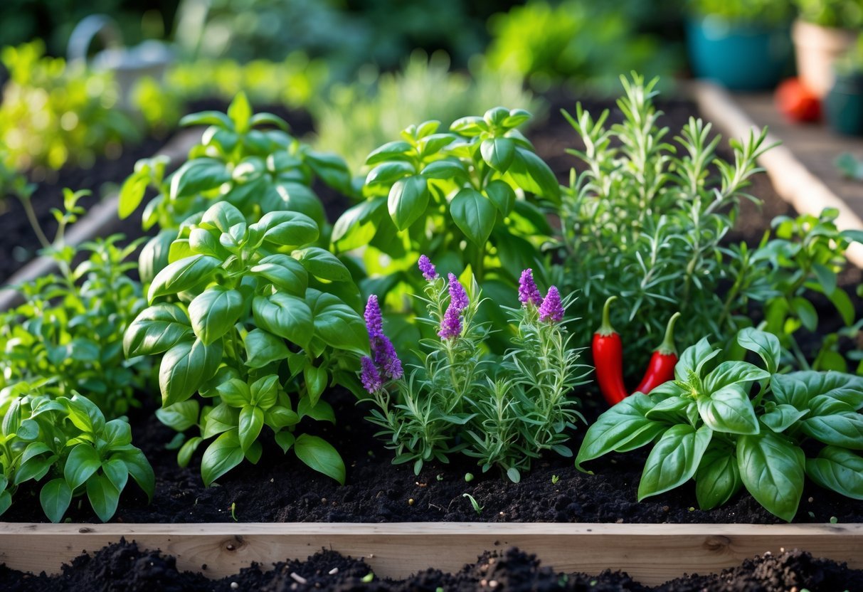19+ Garden Ideas for Growing Your Own Spices: Easy Ways to Boost Your US Kitchen Garden 13 A close-up view of a spice garden with basil, rosemary, thyme, and chili pepper plants growing together in rich soil.
