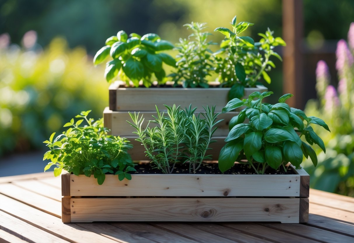 19+ Garden Ideas for Growing Your Own Spices: Easy Ways to Boost Your US Kitchen Garden 14 A multi-tiered wooden planter filled with fresh green spice plants outdoors on a garden table.