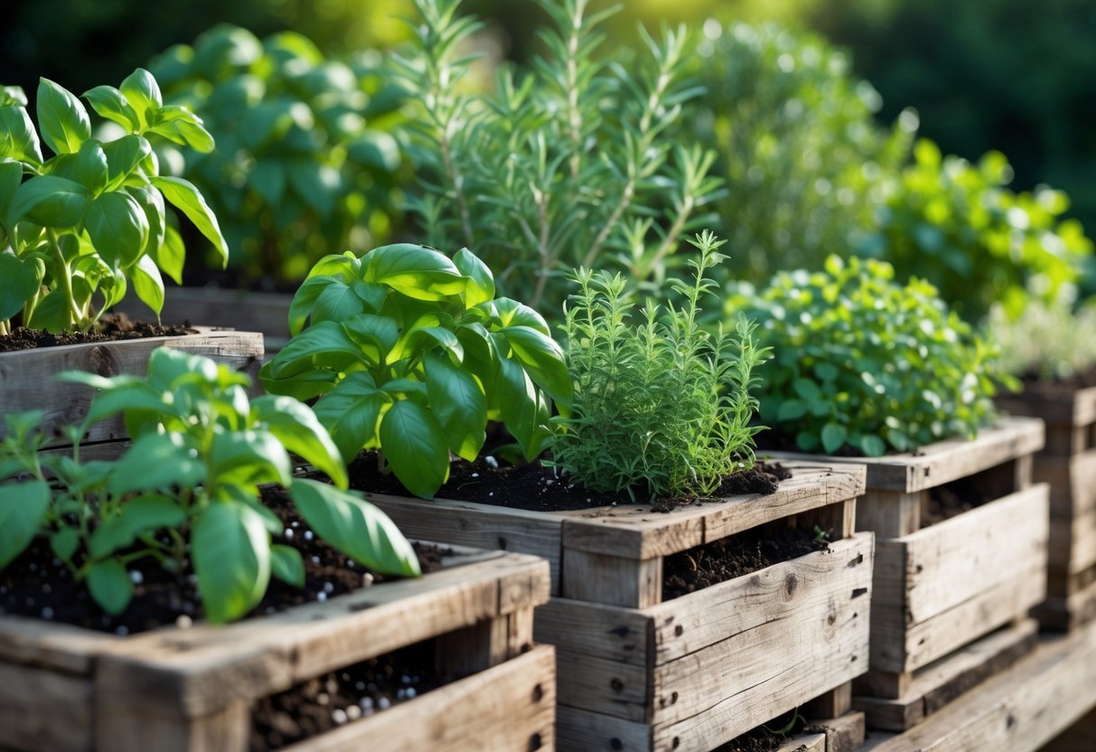 19+ Garden Ideas for Growing Your Own Spices: Easy Ways to Boost Your US Kitchen Garden 16 Wooden crates filled with fresh green spice plants growing outdoors in a garden.