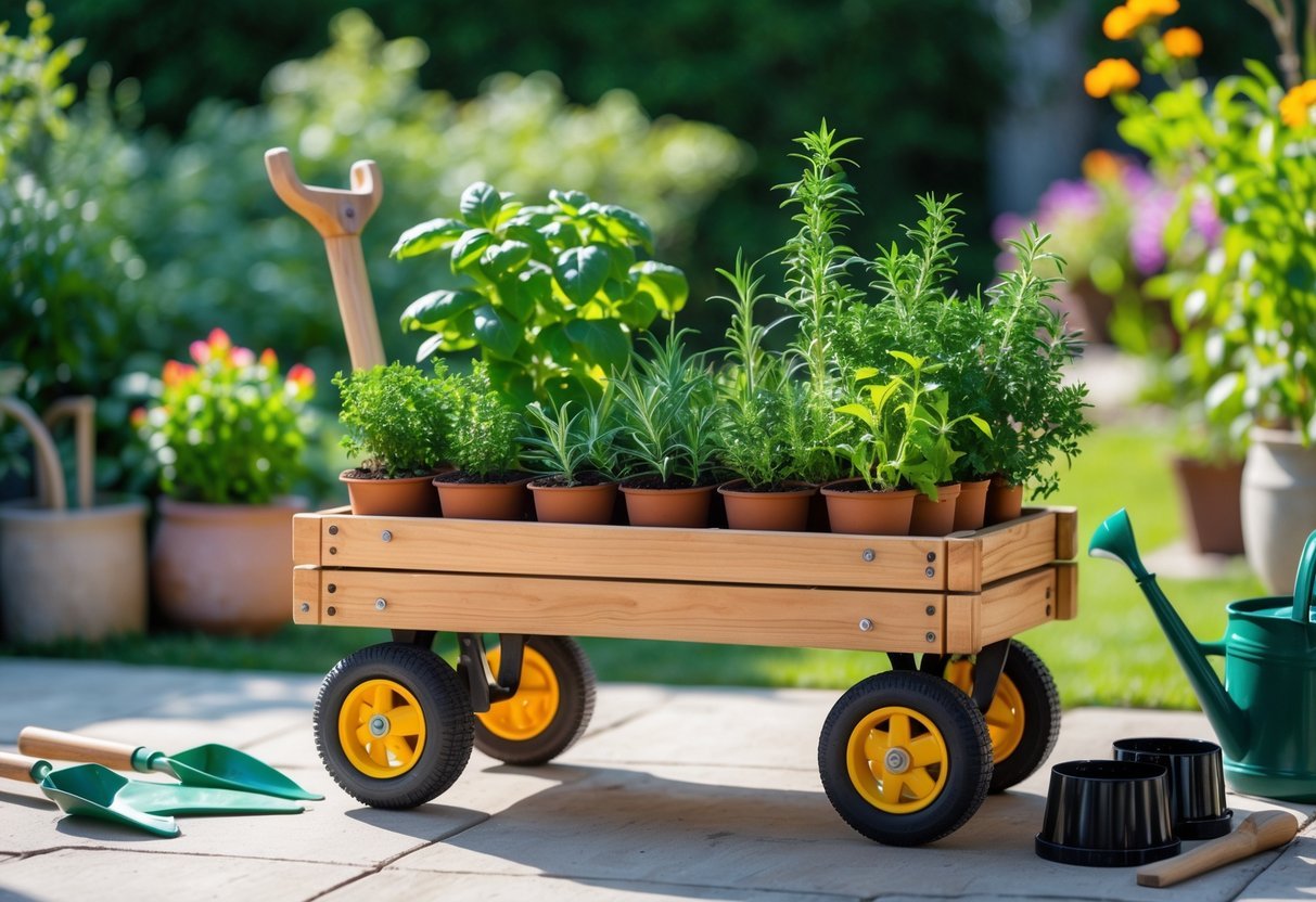 19+ Garden Ideas for Growing Your Own Spices: Easy Ways to Boost Your US Kitchen Garden 17 A wooden portable wagon filled with pots of fresh spice herbs like basil, rosemary, thyme, and mint on a sunny patio with a garden in the background.