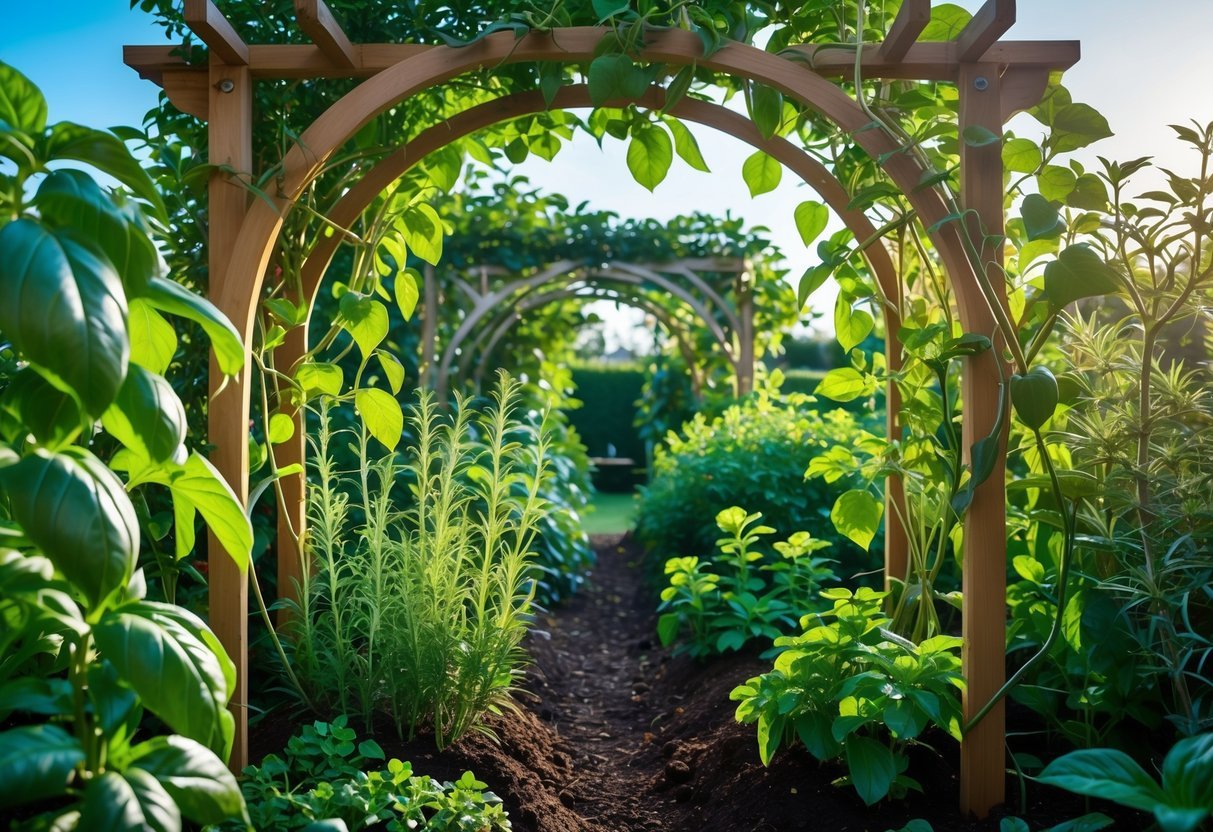19+ Garden Ideas for Growing Your Own Spices: Easy Ways to Boost Your US Kitchen Garden 18 A garden with a wooden trellis arch surrounded by various spice plants like basil, rosemary, and mint under sunlight.