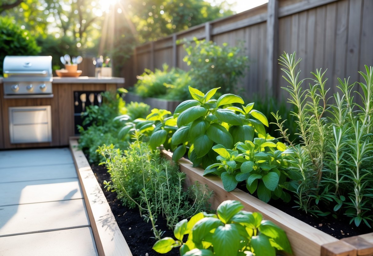 19+ Garden Ideas for Growing Your Own Spices: Easy Ways to Boost Your US Kitchen Garden 19 An outdoor kitchen with a countertop and grill next to a narrow garden strip filled with various fresh spice plants.