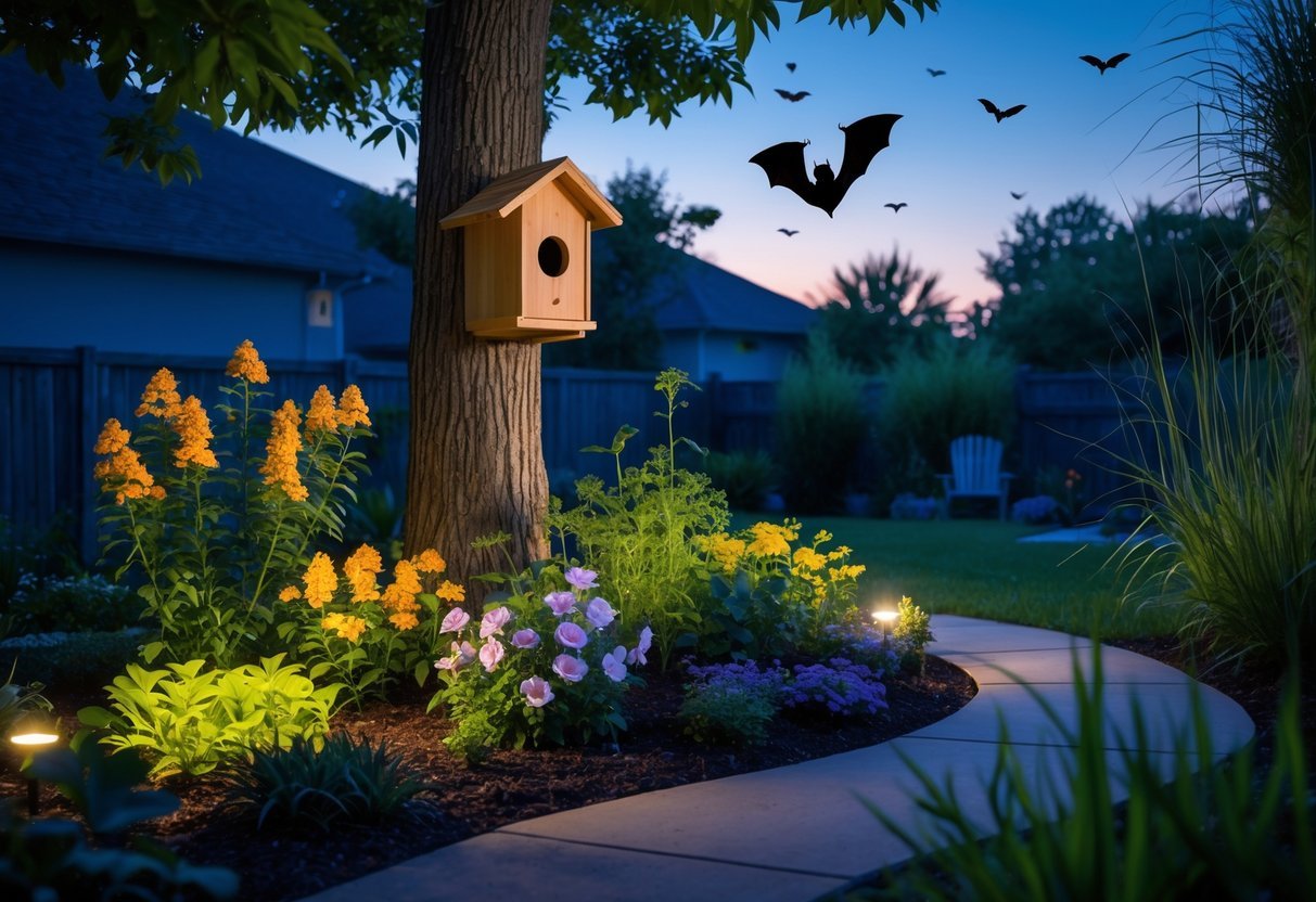 14+ Garden Ideas for Attracting Bats: Effective Ways to Boost Your US Backyard Wildlife 2 A garden at dusk with flowering plants, a wooden bat house on a tree, and bats flying in the sky.