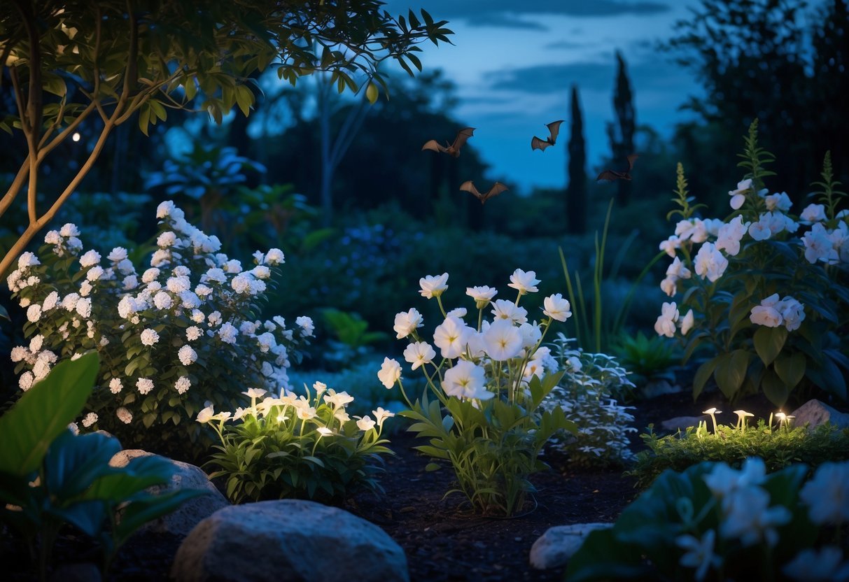 14+ Garden Ideas for Attracting Bats: Effective Ways to Boost Your US Backyard Wildlife 3 A garden at dusk with various night-blooming flowers and bats flying nearby.