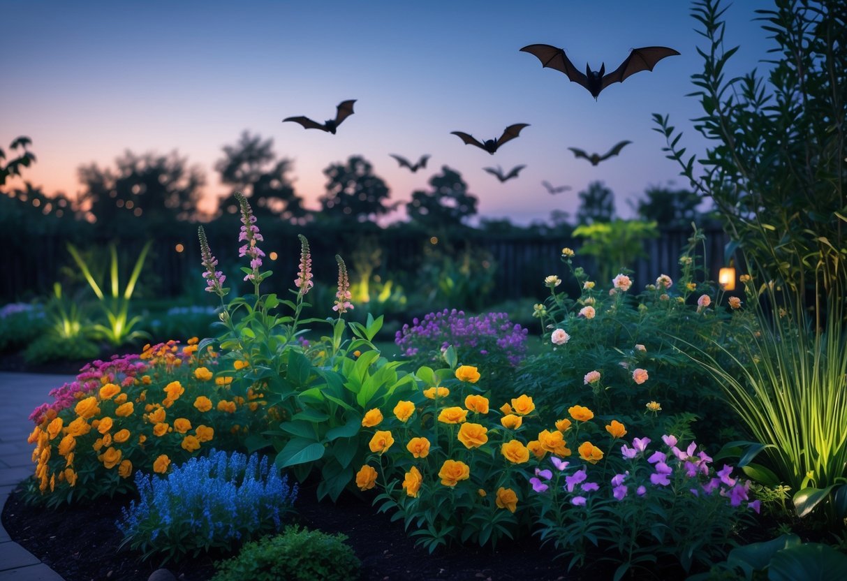 14+ Garden Ideas for Attracting Bats: Effective Ways to Boost Your US Backyard Wildlife 4 A garden with colorful native flowering plants at twilight, with bats flying in the background.