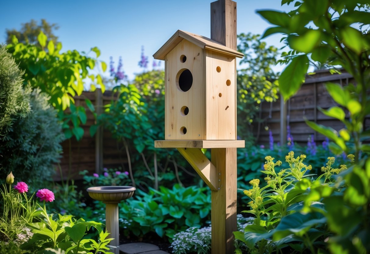 14+ Garden Ideas for Attracting Bats: Effective Ways to Boost Your US Backyard Wildlife 5 A wooden bat house mounted on a pole in a green garden with flowers and bushes under a clear blue sky.