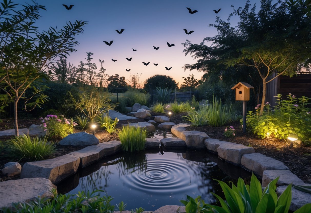 14+ Garden Ideas for Attracting Bats: Effective Ways to Boost Your US Backyard Wildlife 6 A small garden with a water feature surrounded by plants and bat houses, with bats flying in the evening sky.