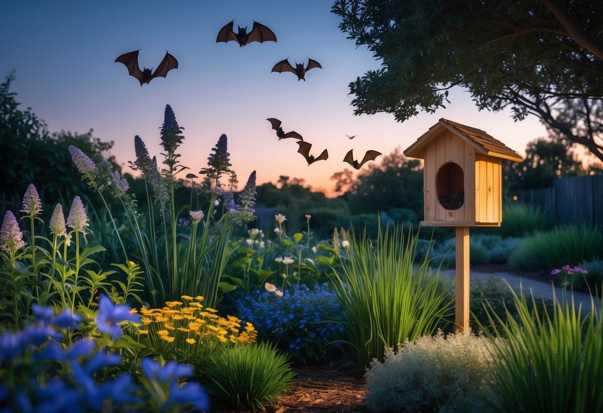 14+ Garden Ideas for Attracting Bats: Effective Ways to Boost Your US Backyard Wildlife 7 A garden at twilight with native plants, a wooden bat house on a tree, and bats flying around feeding on insects.