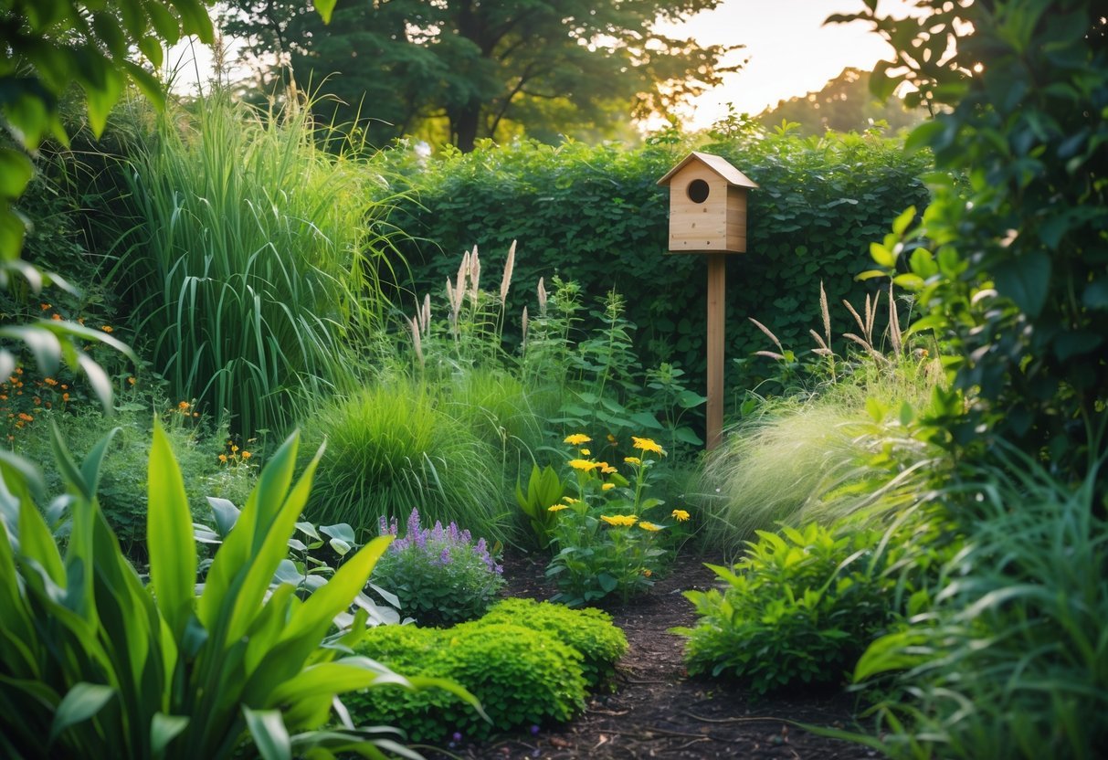14+ Garden Ideas for Attracting Bats: Effective Ways to Boost Your US Backyard Wildlife 8 A garden with a wild section of tall grasses, wildflowers, and a wooden bat house mounted on a tree.
