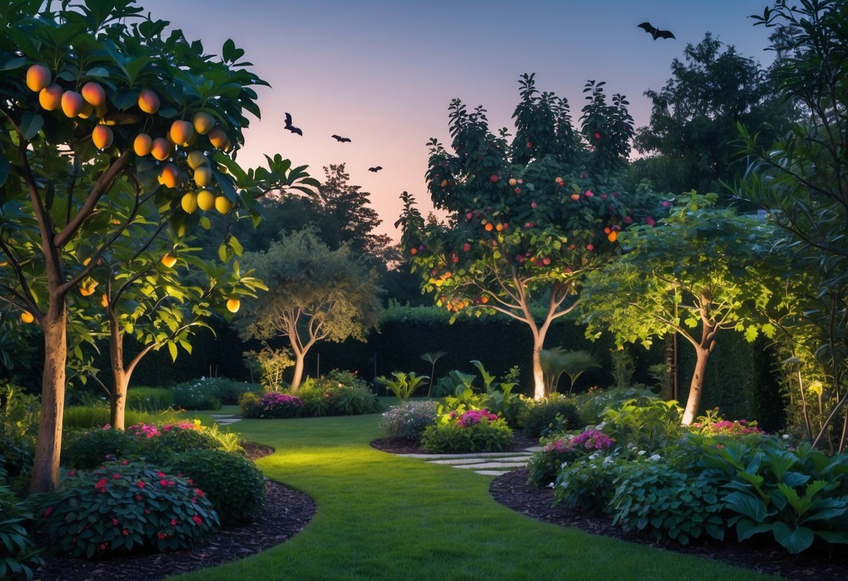 14+ Garden Ideas for Attracting Bats: Effective Ways to Boost Your US Backyard Wildlife 9 A garden with fruit-bearing trees and shrubs with ripe fruits and bats flying around them at twilight.