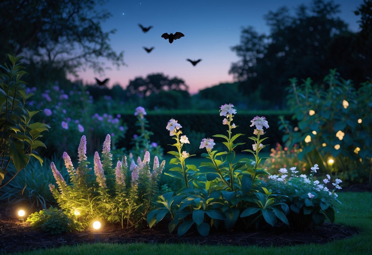 14+ Garden Ideas for Attracting Bats: Effective Ways to Boost Your US Backyard Wildlife 10 A garden at dusk with night-blooming flowers and bats flying in the background.