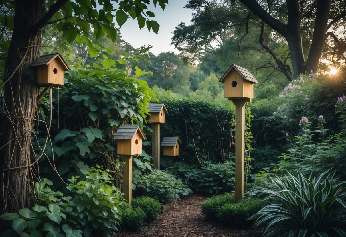 14+ Garden Ideas for Attracting Bats: Effective Ways to Boost Your US Backyard Wildlife 11 A garden with wooden bat houses mounted on trees and posts, surrounded by dense plants and shaded areas.