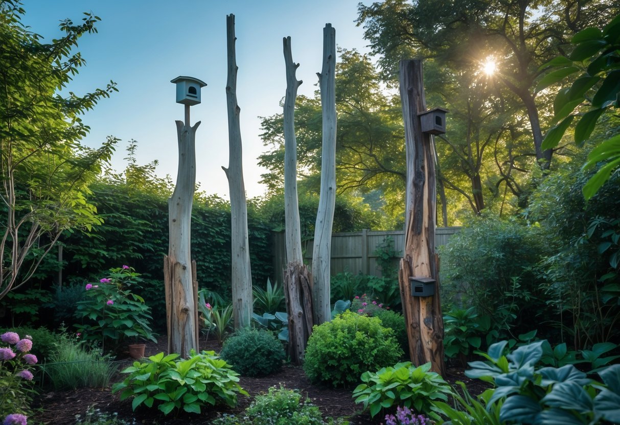 14+ Garden Ideas for Attracting Bats: Effective Ways to Boost Your US Backyard Wildlife 12 A garden with several tall dead trees and bat boxes surrounded by green plants and shrubs under a clear sky.