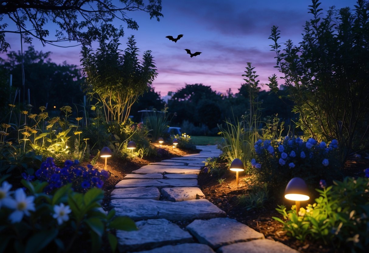 14+ Garden Ideas for Attracting Bats: Effective Ways to Boost Your US Backyard Wildlife 13 A garden at dusk with soft motion-activated lights along a stone pathway and bats flying in the twilight sky.