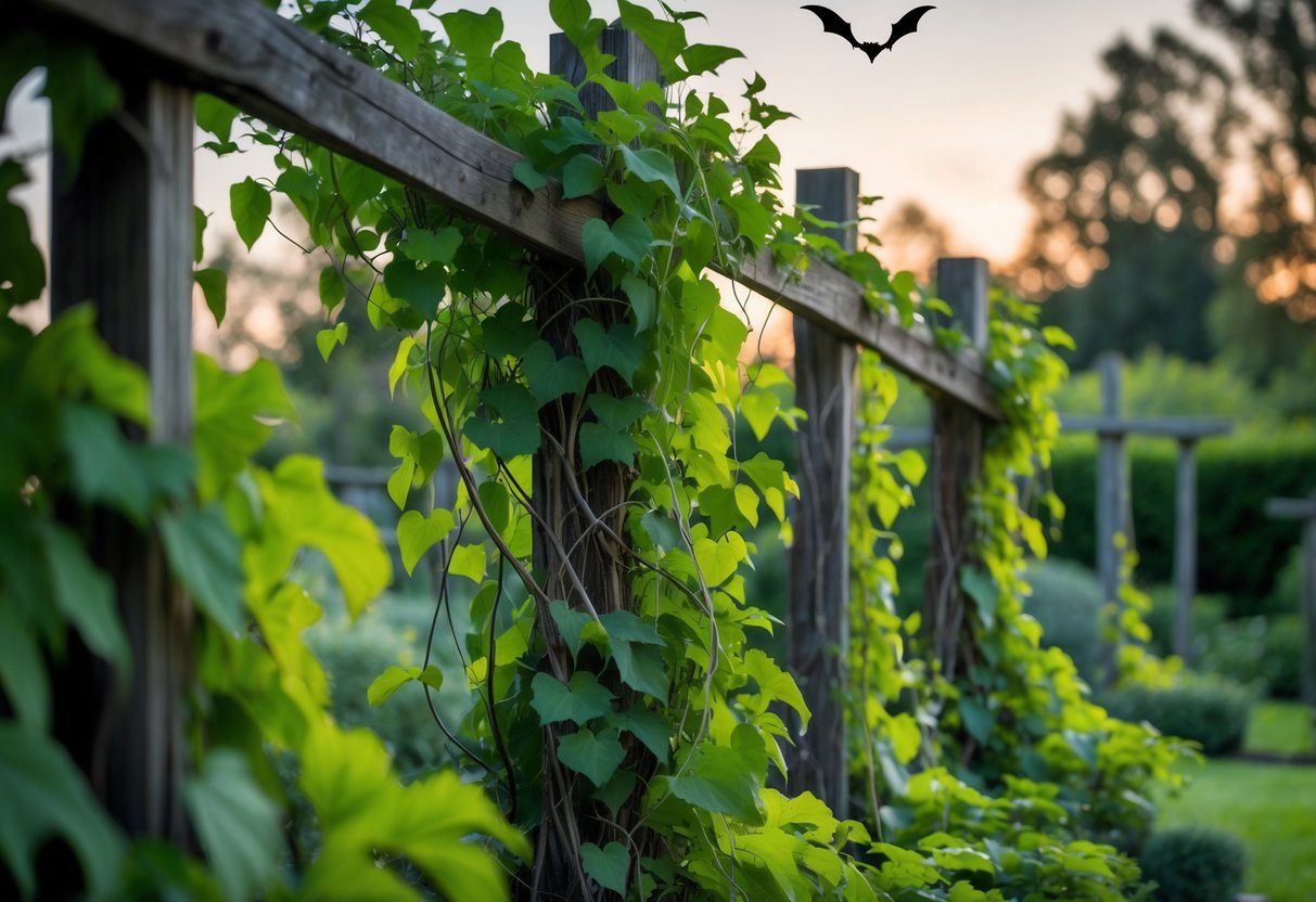 14+ Garden Ideas for Attracting Bats: Effective Ways to Boost Your US Backyard Wildlife 14 A garden with climbing vines growing on wooden trellises at twilight, with bats flying nearby.