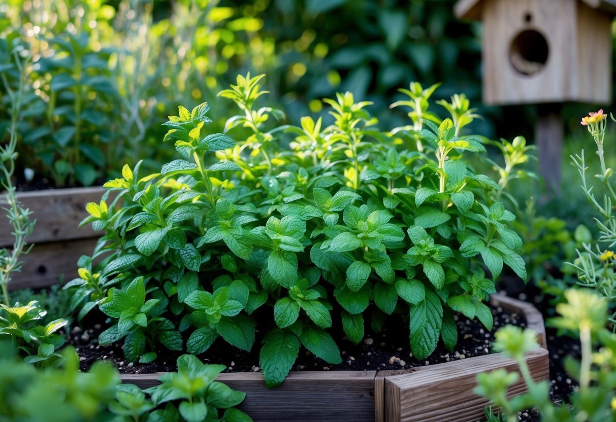 14+ Garden Ideas for Attracting Bats: Effective Ways to Boost Your US Backyard Wildlife 15 A garden with healthy mint and rosemary plants, a bat house on a tree, and natural elements designed to attract bats.