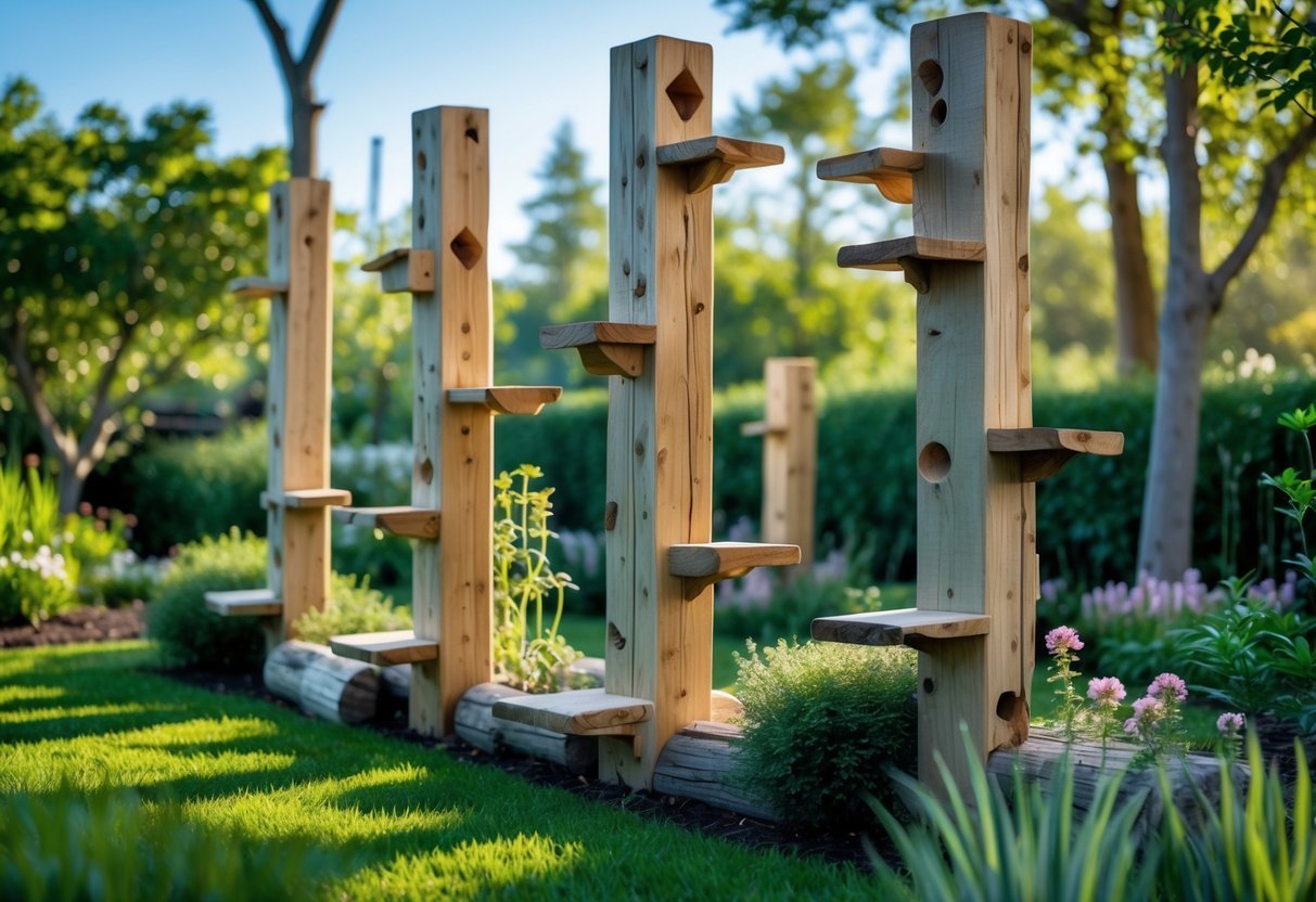 14+ Garden Ideas for Attracting Bats: Effective Ways to Boost Your US Backyard Wildlife 16 A garden with tall vertical wooden structures surrounded by green plants and flowers designed to attract bats.