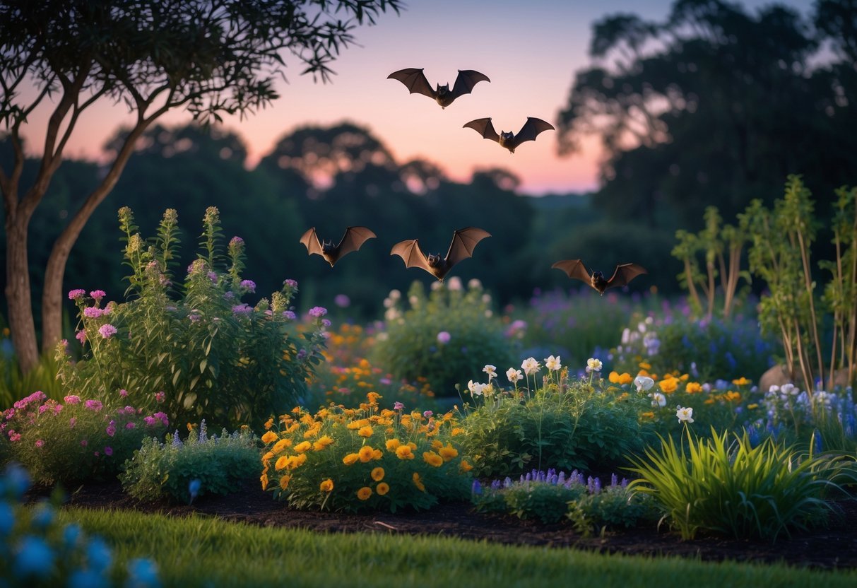14+ Garden Ideas for Attracting Bats: Effective Ways to Boost Your US Backyard Wildlife 17 A pollinator garden at dusk with flowering plants and bats flying near the flowers.