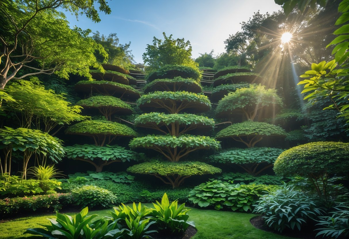 14+ Garden Ideas for Attracting Bats: Effective Ways to Boost Your US Backyard Wildlife 19 A layered garden with trees, shrubs, and ground plants arranged to resemble a forest, providing habitat for wildlife.
