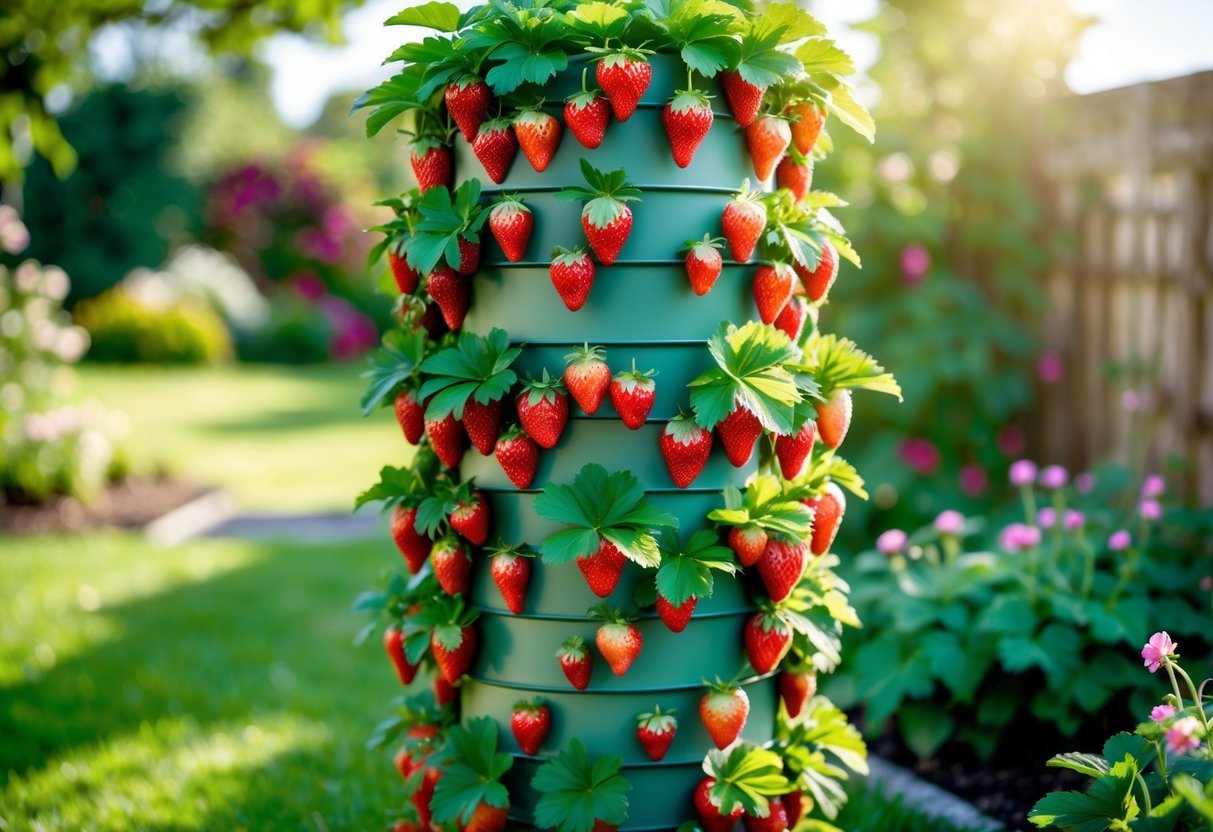 18+ Vertical Strawberry Tower Garden Ideas: Easy Designs for Small Space Growers in the US 2 A vertical tower garden filled with green strawberry plants and ripe red strawberries in an outdoor garden.