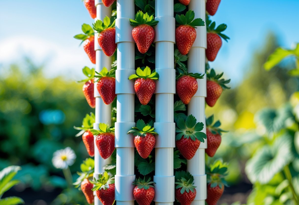 18+ Vertical Strawberry Tower Garden Ideas: Easy Designs for Small Space Growers in the US 3 A vertical garden made from white PVC pipes growing ripe red strawberries with green leaves outdoors in a sunny garden.