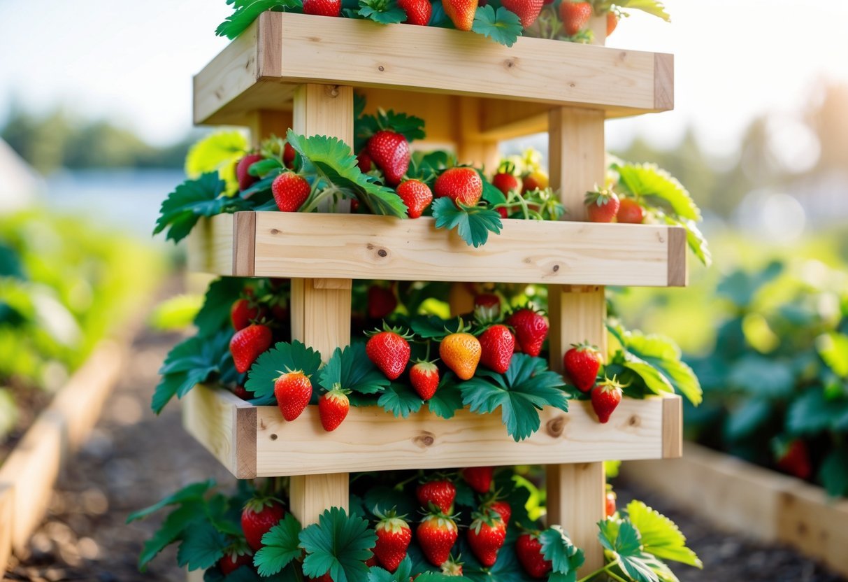 18+ Vertical Strawberry Tower Garden Ideas: Easy Designs for Small Space Growers in the US 4 A vertical wooden pyramid tower garden filled with ripe strawberries and green leaves outdoors.