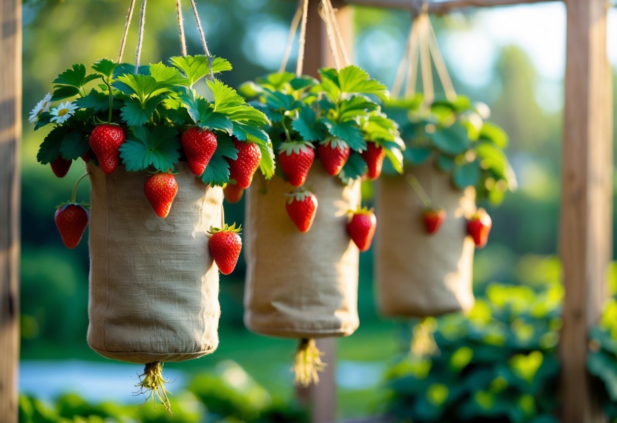 18+ Vertical Strawberry Tower Garden Ideas: Easy Designs for Small Space Growers in the US 5 Three hanging strawberry planter bags arranged vertically with green plants and red ripe strawberries outdoors.