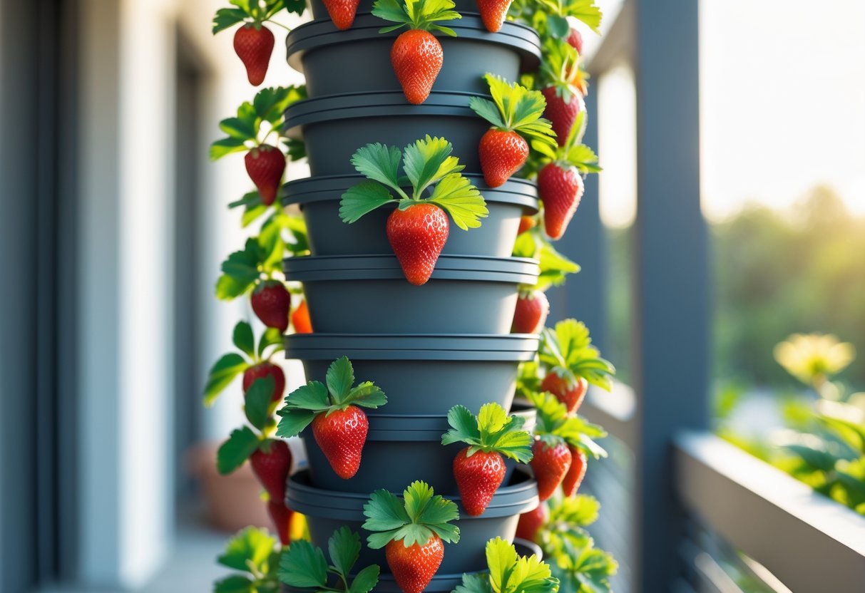 18+ Vertical Strawberry Tower Garden Ideas: Easy Designs for Small Space Growers in the US 6 Vertical stack of planter pots growing strawberry plants with ripe red strawberries on a balcony garden.