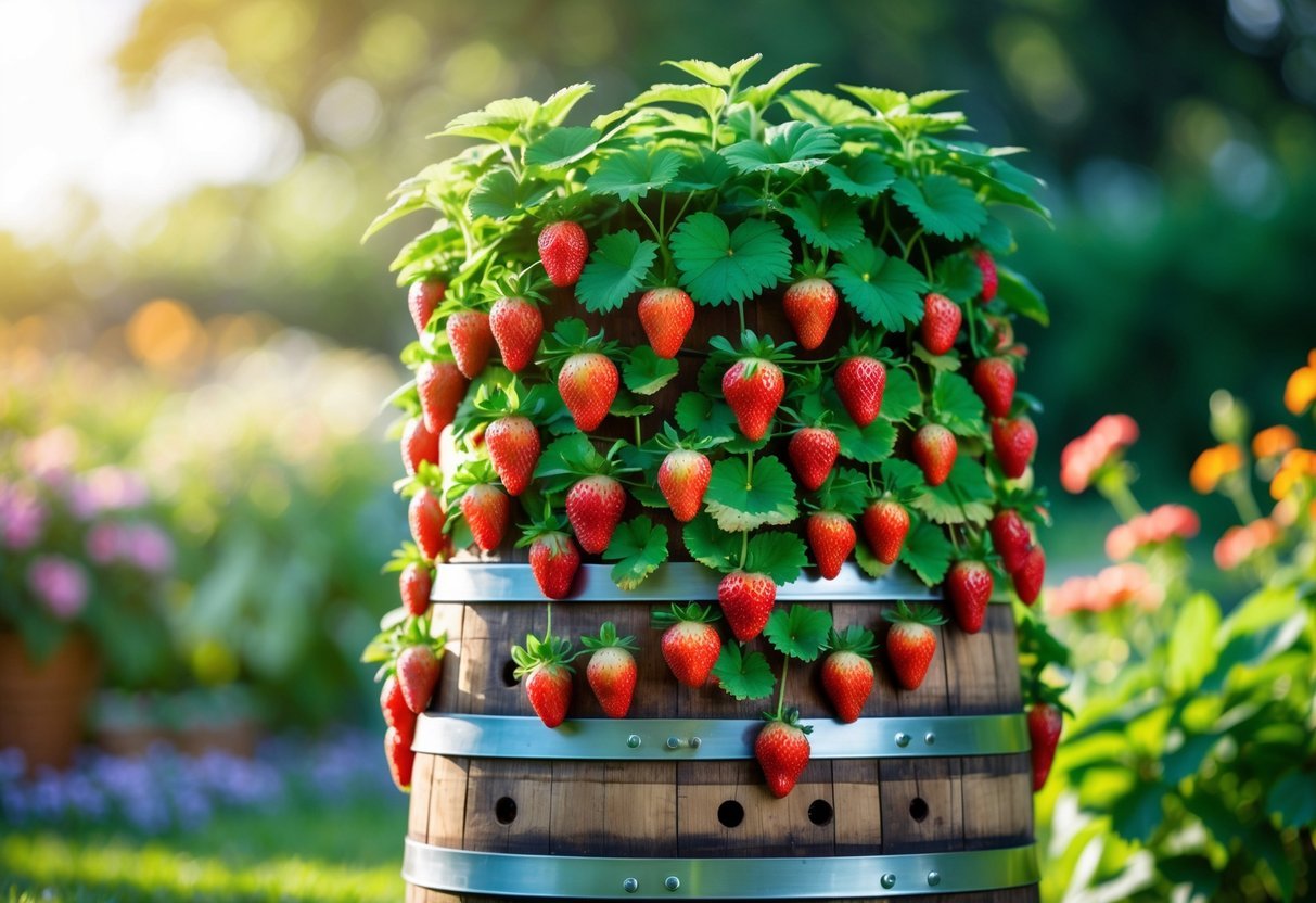 18+ Vertical Strawberry Tower Garden Ideas: Easy Designs for Small Space Growers in the US 7 A vertical wooden barrel planter with holes growing strawberry plants and ripe strawberries outdoors in a garden.