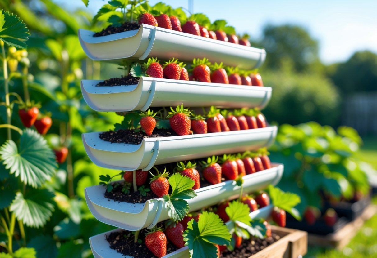 18+ Vertical Strawberry Tower Garden Ideas: Easy Designs for Small Space Growers in the US 8 Vertical garden made from stacked rain gutters growing ripe red strawberries outdoors in sunlight.