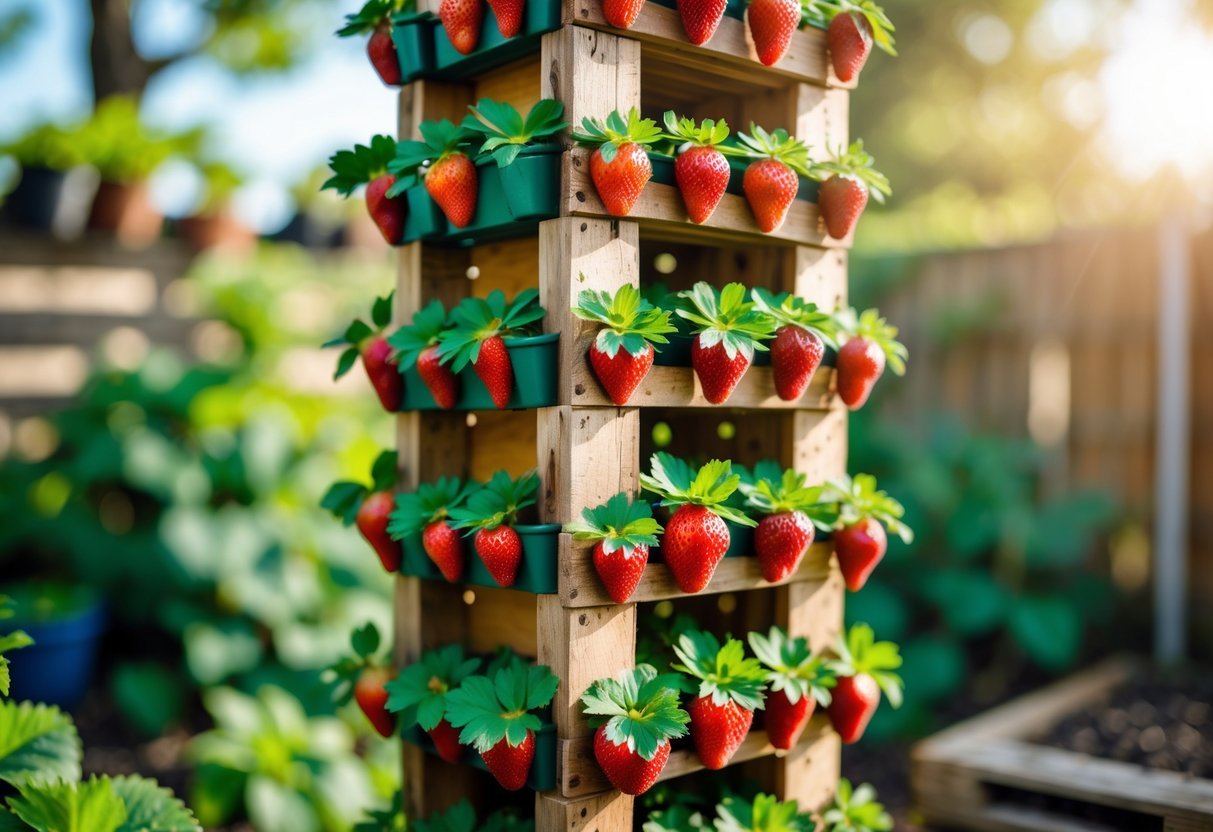 18+ Vertical Strawberry Tower Garden Ideas: Easy Designs for Small Space Growers in the US 9 A vertical wooden pallet wall garden filled with green strawberry plants and ripe red strawberries outdoors.