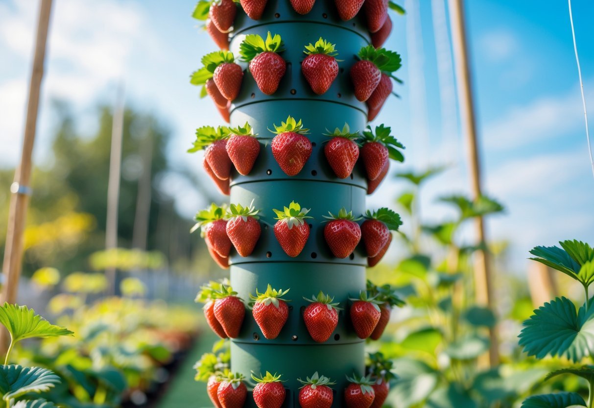 18+ Vertical Strawberry Tower Garden Ideas: Easy Designs for Small Space Growers in the US 10 A vertical spiral strawberry tower garden with ripe strawberries and green leaves outdoors in a sunny garden.