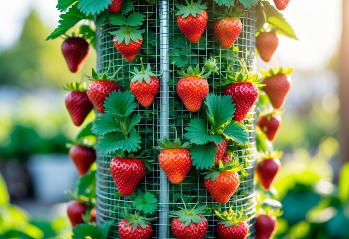 18+ Vertical Strawberry Tower Garden Ideas: Easy Designs for Small Space Growers in the US 11 A vertical wire mesh strawberry tower garden with ripe strawberries and green leaves growing outdoors in a sunny garden.
