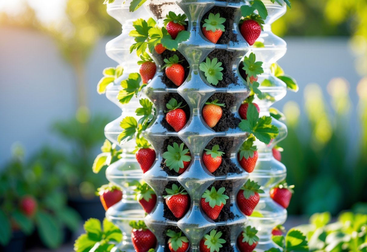18+ Vertical Strawberry Tower Garden Ideas: Easy Designs for Small Space Growers in the US 12 A vertical garden tower made from stacked recycled plastic bottles growing green strawberry plants with flowers and ripe strawberries outdoors.