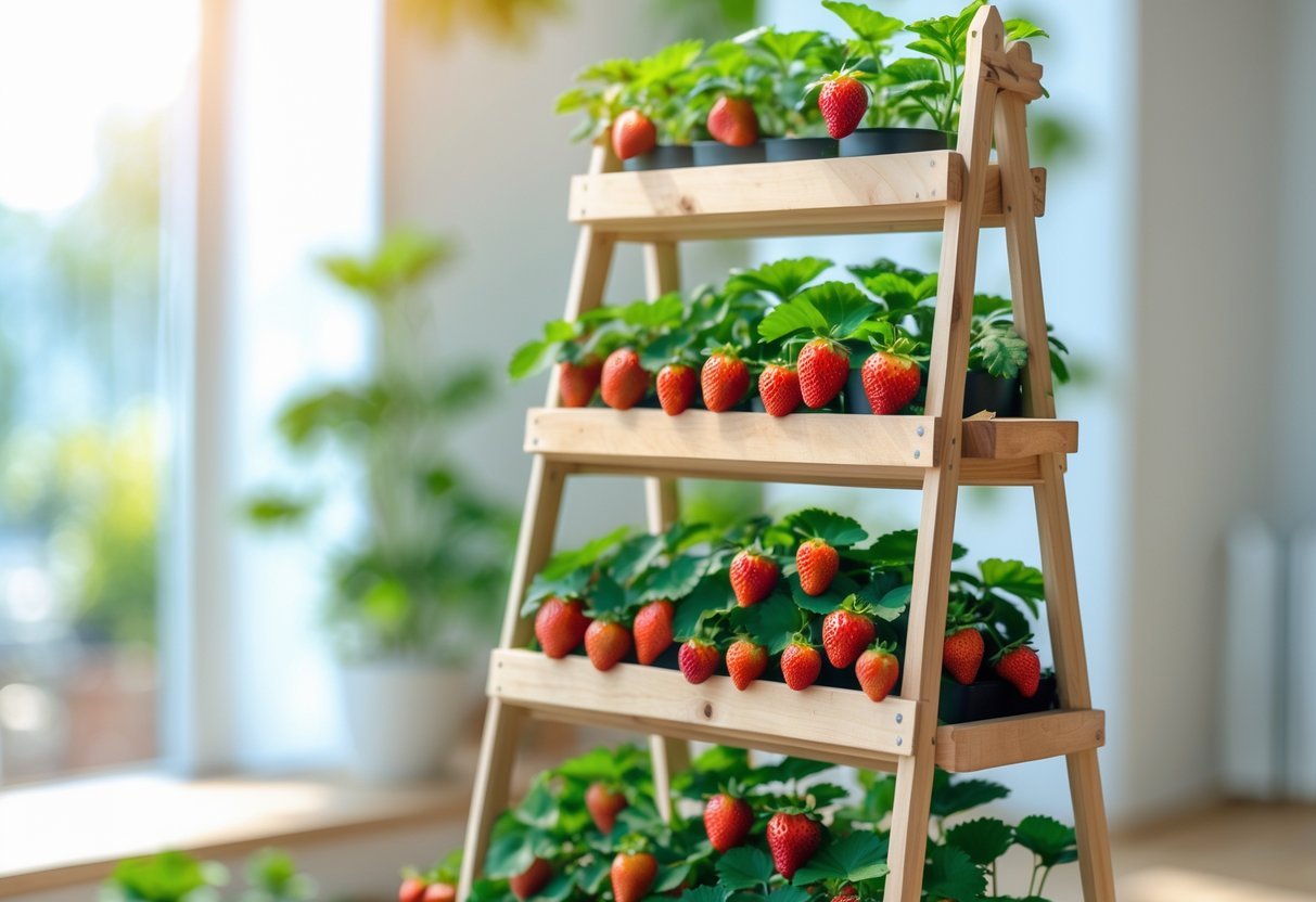 18+ Vertical Strawberry Tower Garden Ideas: Easy Designs for Small Space Growers in the US 13 A vertical ladder shelf planter filled with green strawberry plants and ripe red strawberries in a bright indoor space.